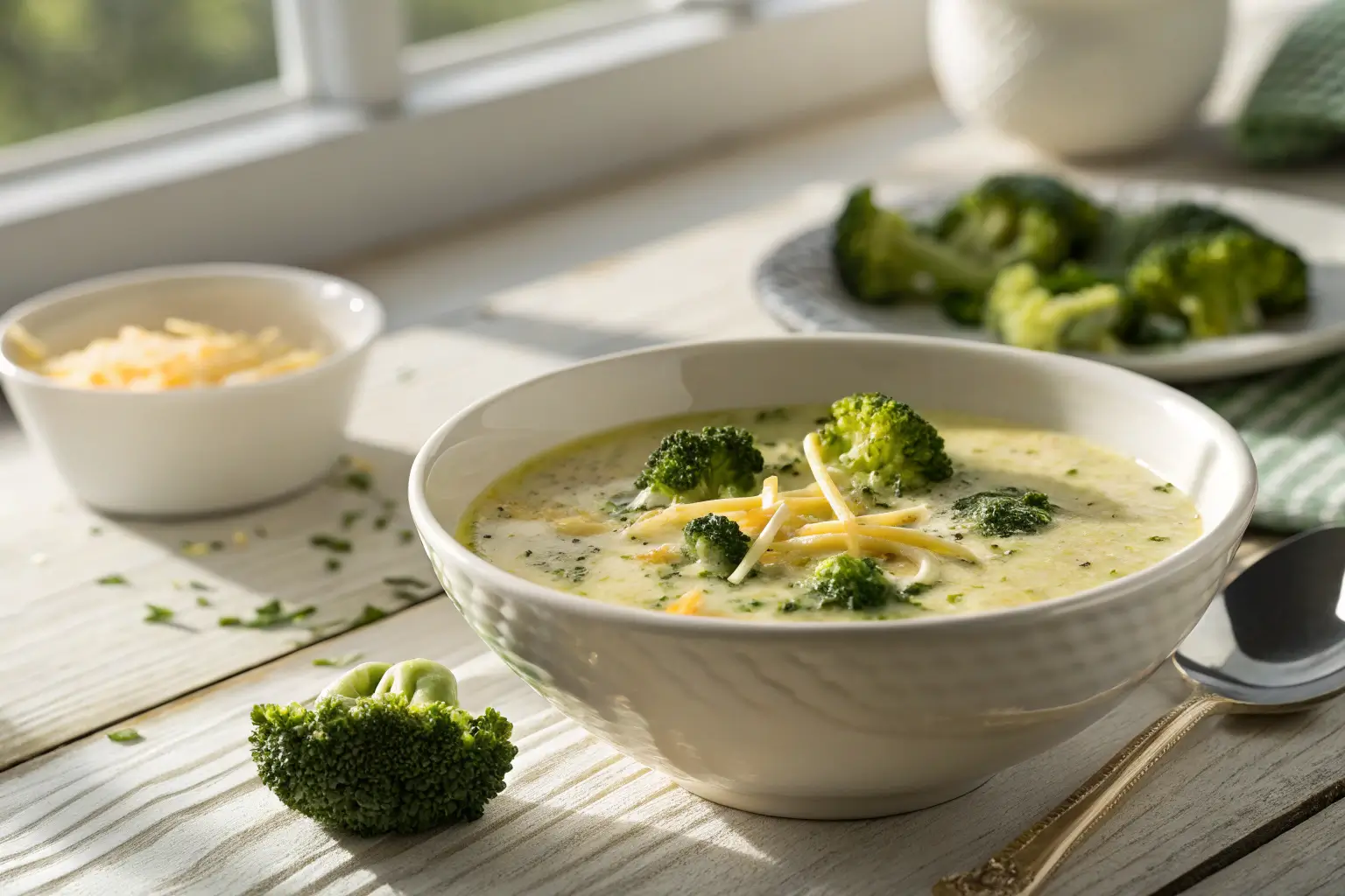 creamy low carb broccoli cheese soup in bowl close-up