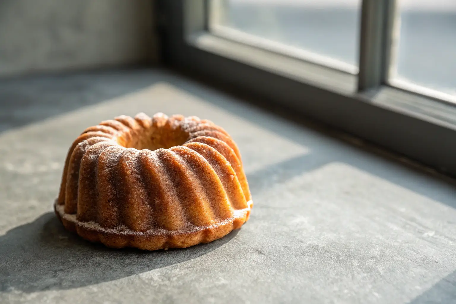Mini bundt cake with golden crust on gray surface