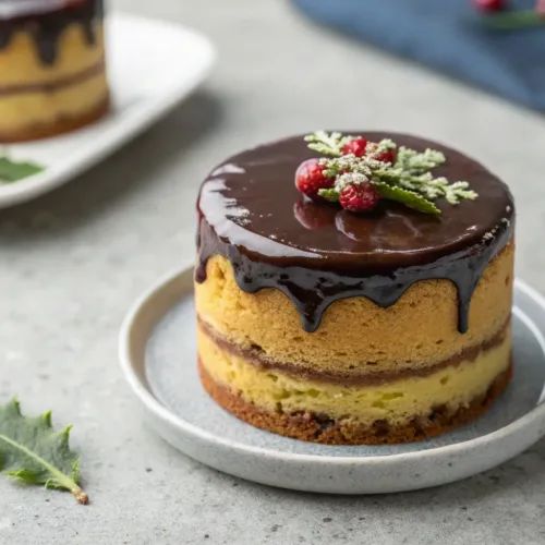 Mini Christmas cake with chocolate ganache on gray tabletop