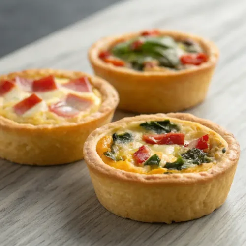 Mini quiches with flaky crust and colorful ham spinach bell pepper filling