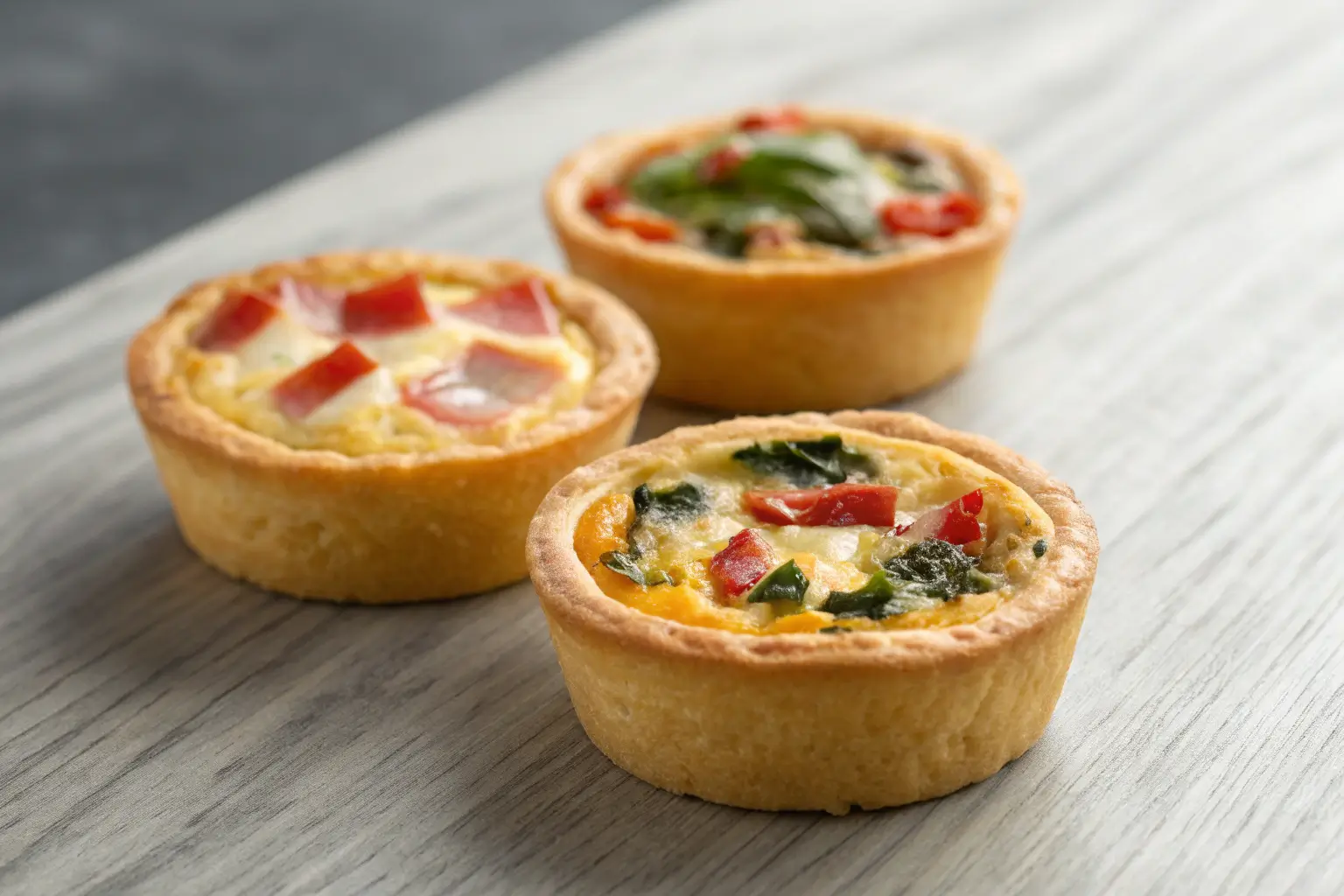 Mini quiches with flaky crust and colorful ham spinach bell pepper filling