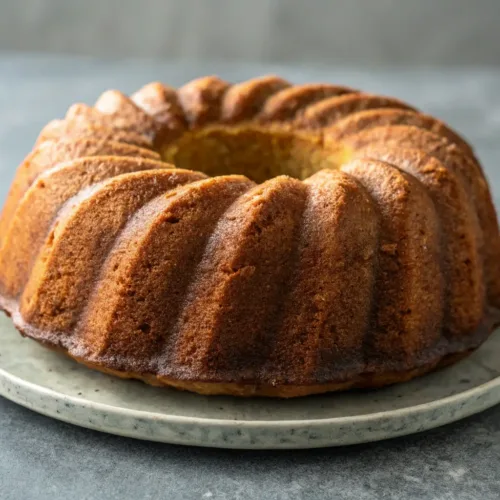 Moist banana bundt cake with golden crust on gray surface