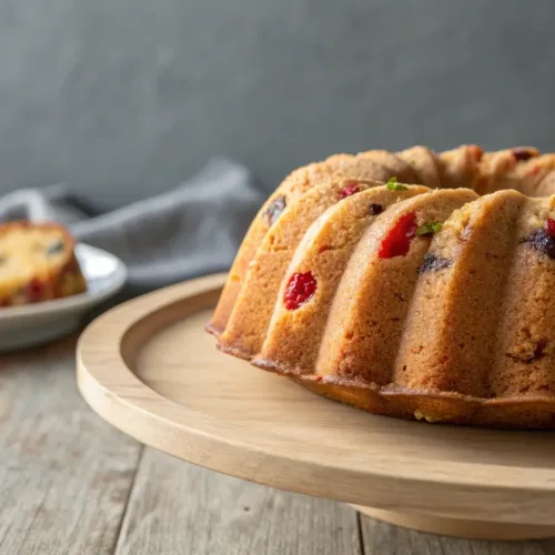 Moist fruit bundt cake with dried fruits on neutral wood surface
