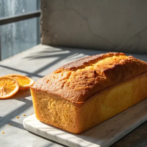 Moist orange pound cake loaf with golden crust on gray background