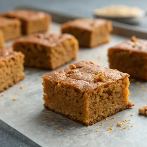 moist pumpkin spice cake squares on gray tabletop