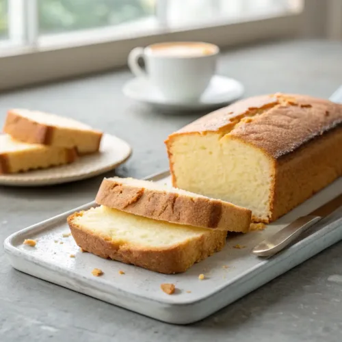 sliced moist vanilla pound cake on gray surface