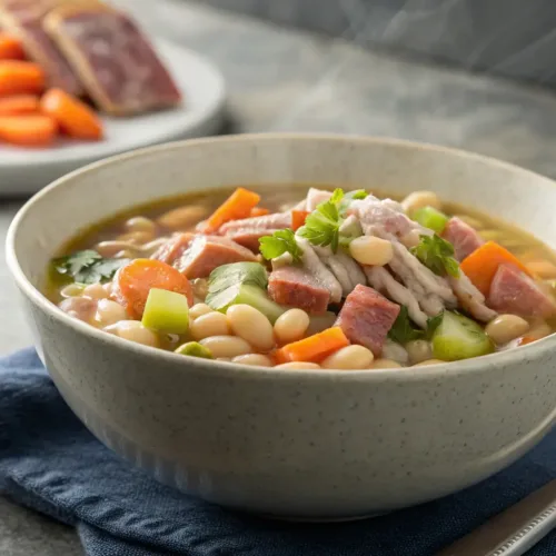Navy bean soup with ham hock and vegetables in a bowl