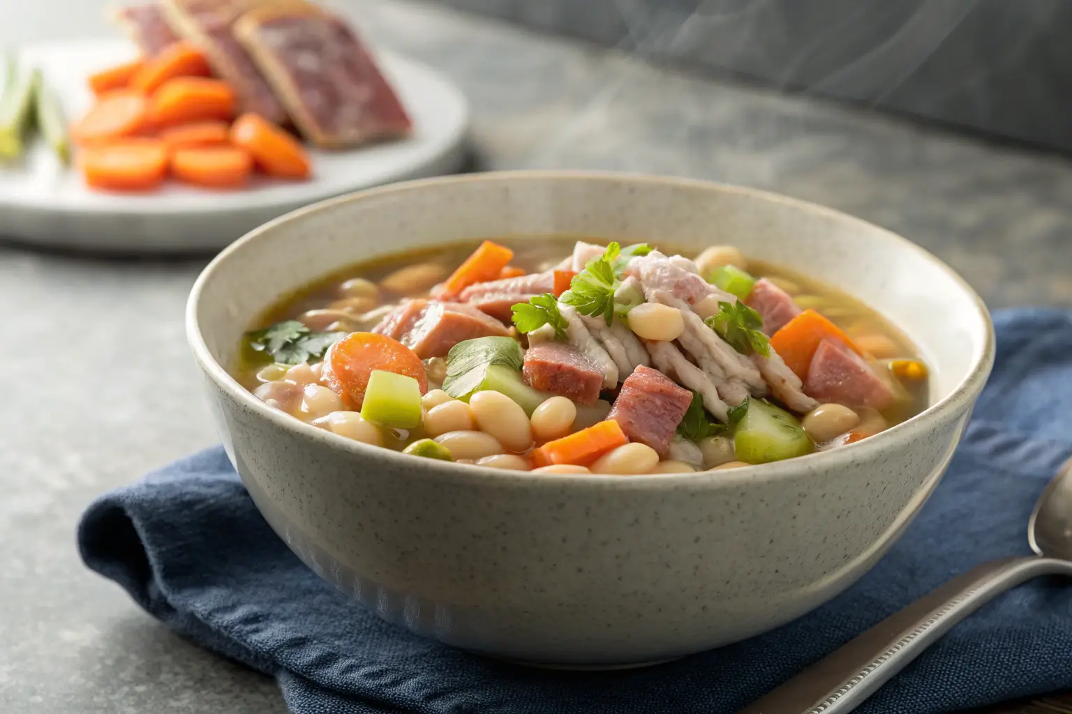 Navy bean soup with ham hock and vegetables in a bowl