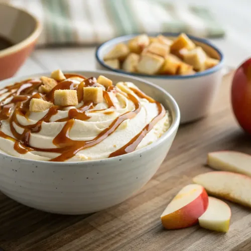 creamy caramel apple cheesecake dip with diced apples and caramel swirls