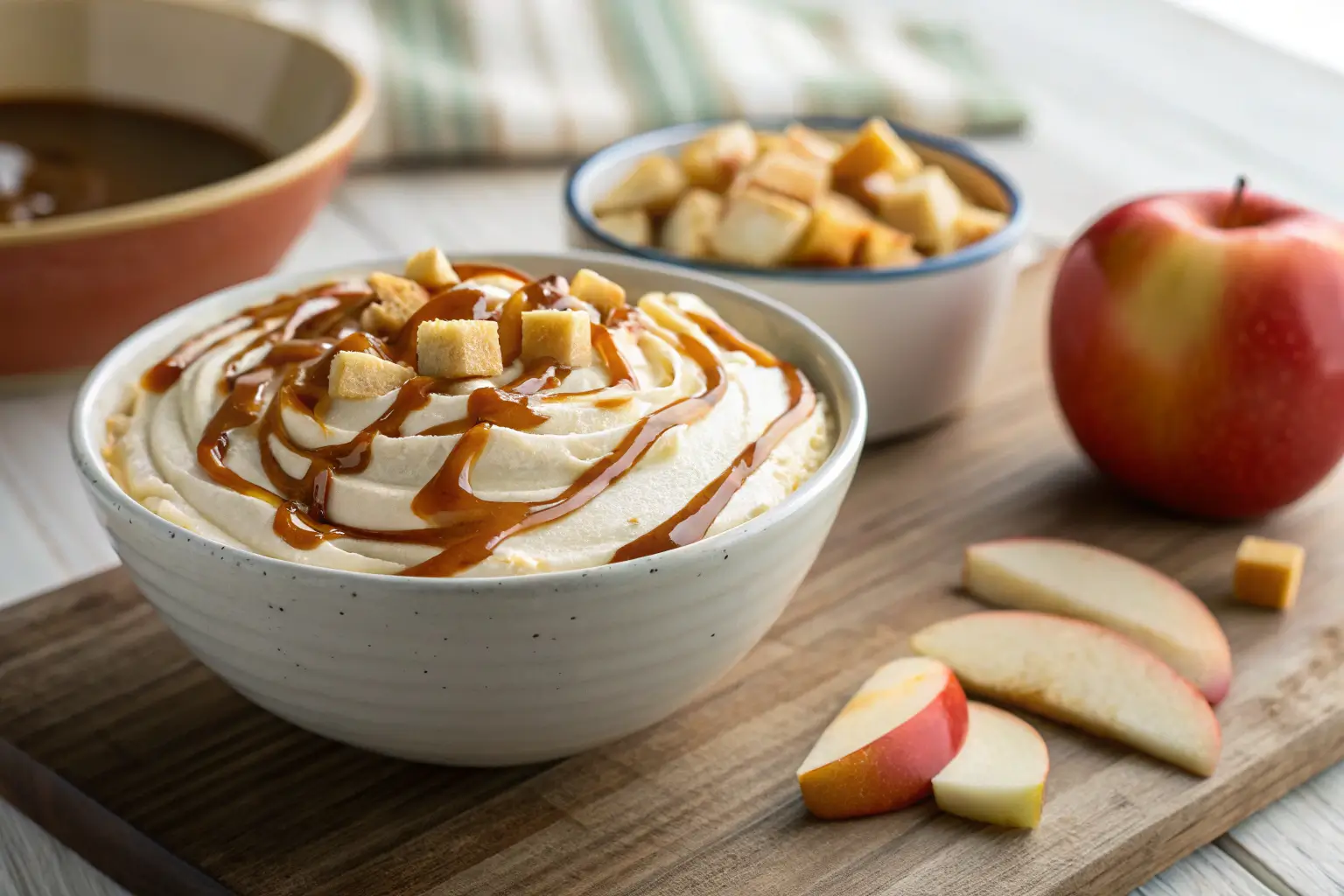 creamy caramel apple cheesecake dip with diced apples and caramel swirls