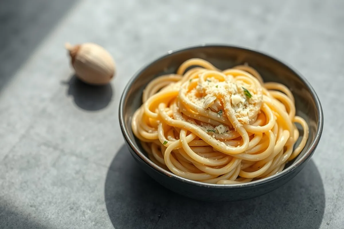 creamy garlic fettuccine pasta with Parmesan on gray background