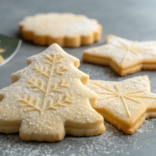 Soft chewy sugar cookies in Christmas shapes on gray background