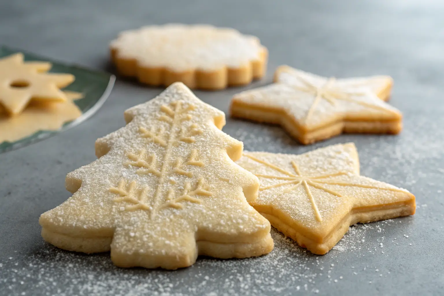 Soft chewy sugar cookies in Christmas shapes on gray background