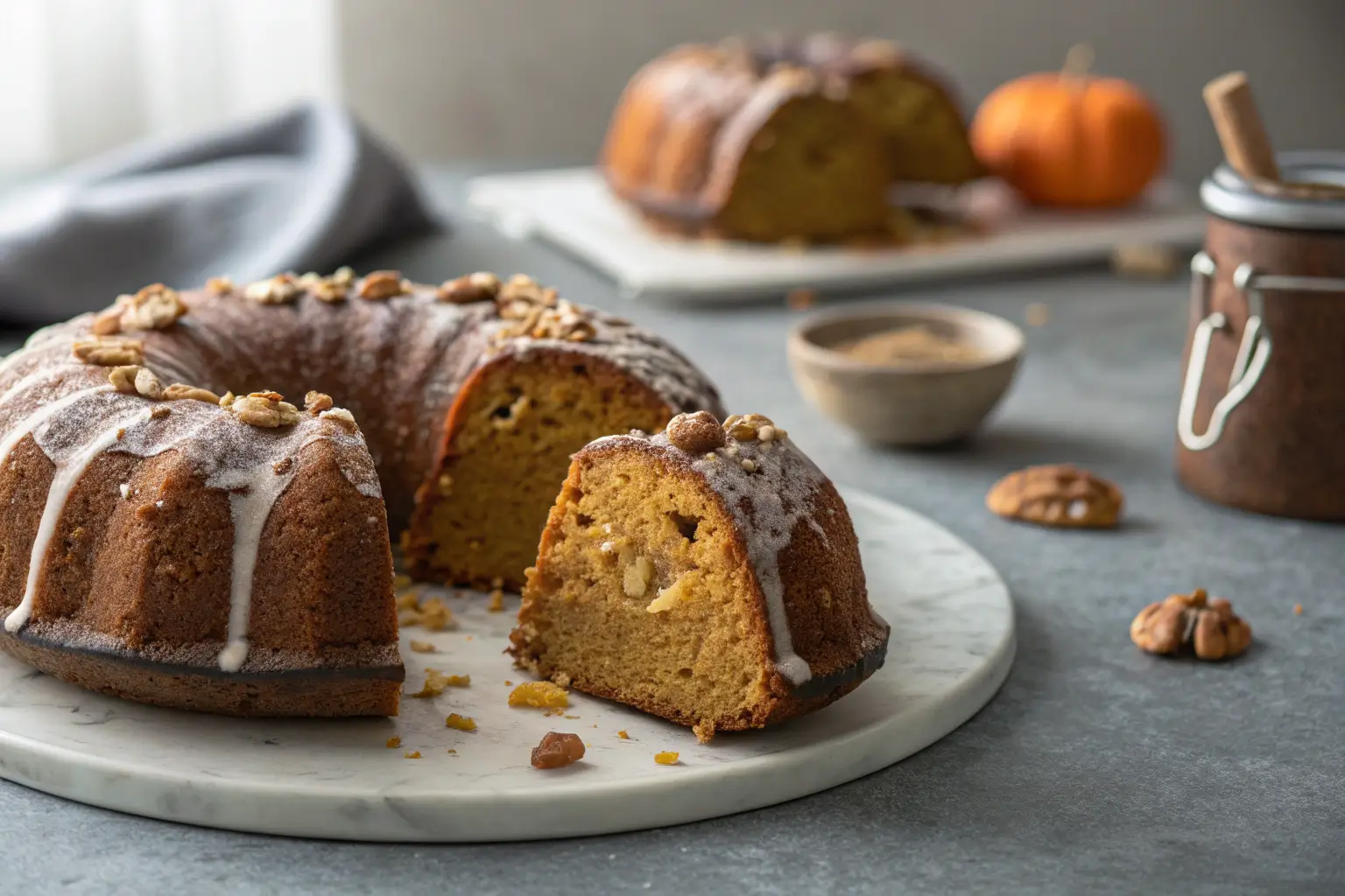 Pumpkin Bundt cake slice with nuts on gray tabletop