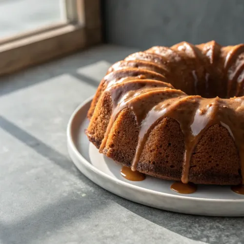 pumpkin bundt cake with brown sugar icing on gray background