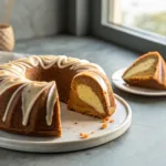 Pumpkin cheesecake bundt cake slice with creamy swirl on gray background
