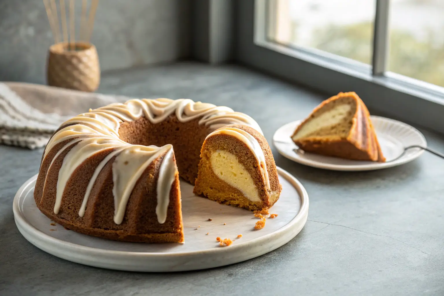 Pumpkin cheesecake bundt cake slice with creamy swirl on gray background