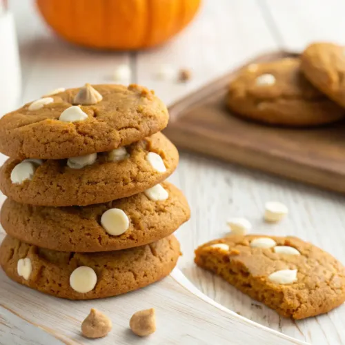 Soft pumpkin spice cookies with white chocolate chips stacked close-up