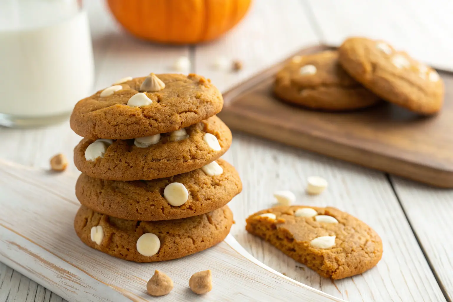 Soft pumpkin spice cookies with white chocolate chips stacked close-up