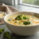 creamy broccoli cheese soup in bowl with smooth texture