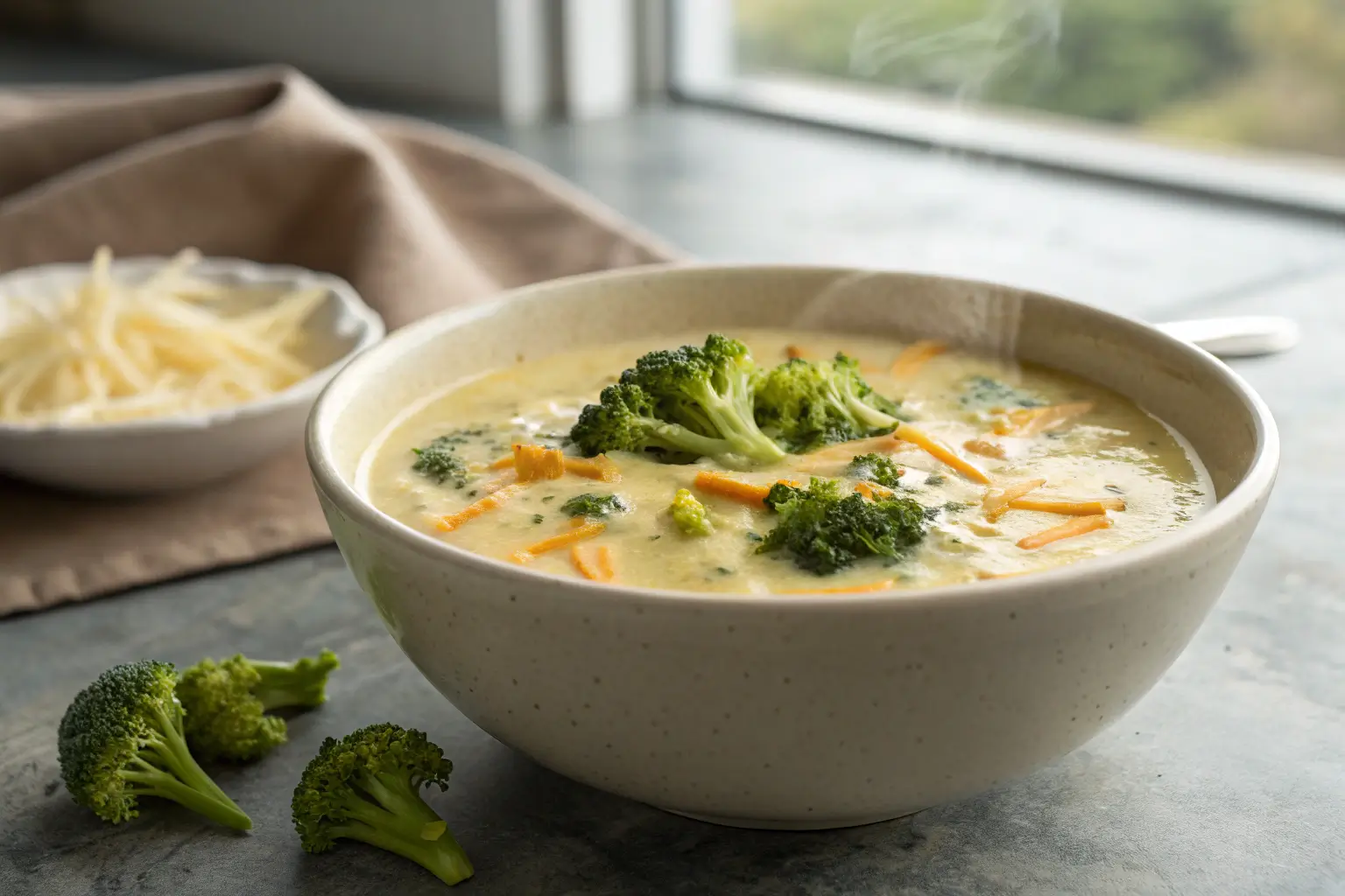 creamy broccoli cheese soup in bowl with smooth texture