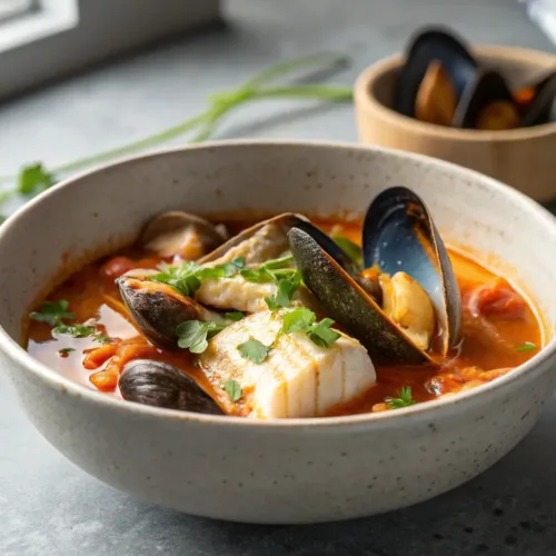 Seafood stew with mussels and white fish in a bowl