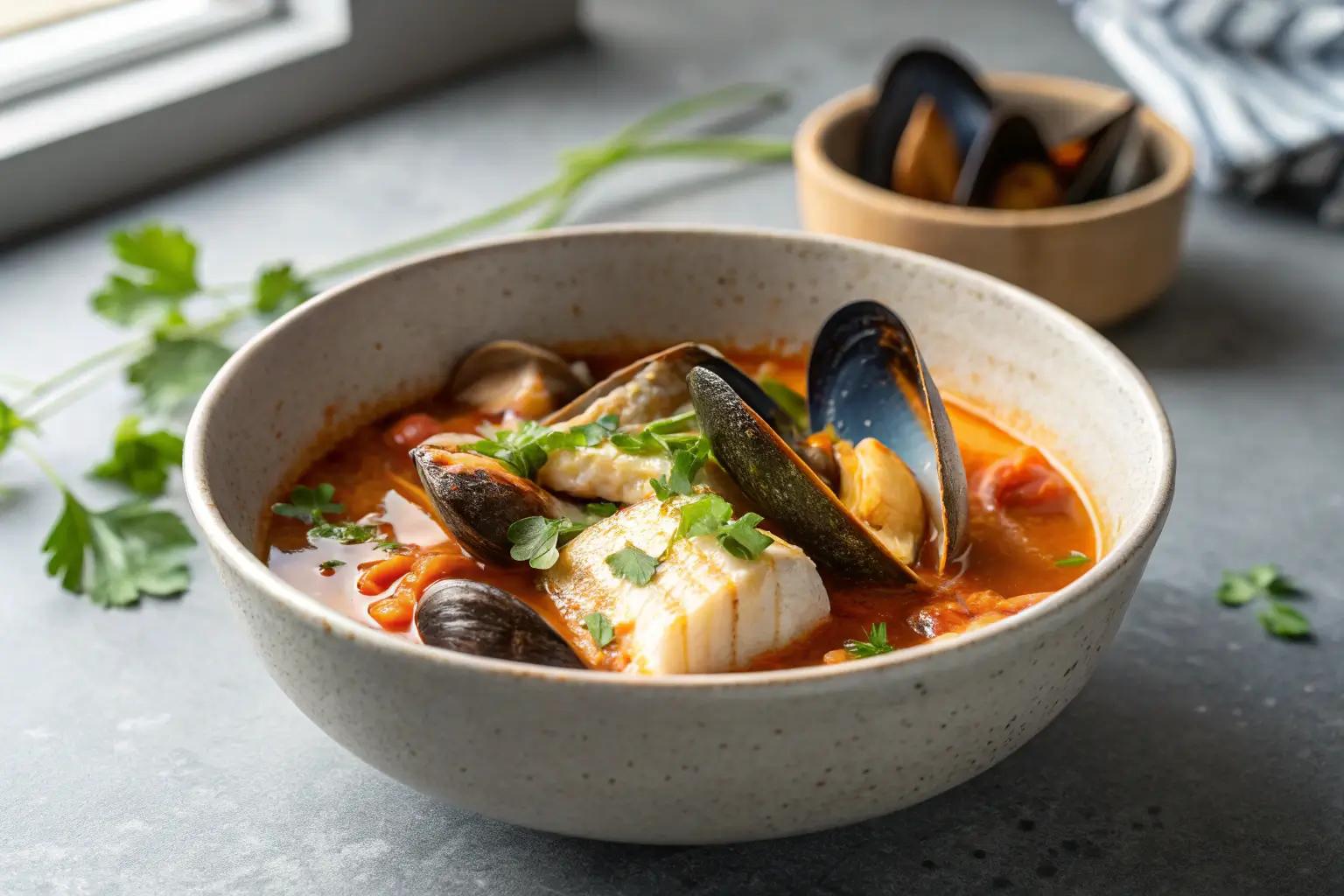 Seafood stew with mussels and white fish in a bowl