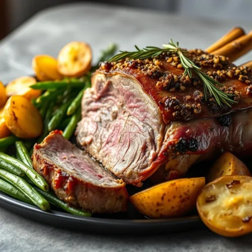 Roasted leg of lamb with potatoes and green beans on gray table