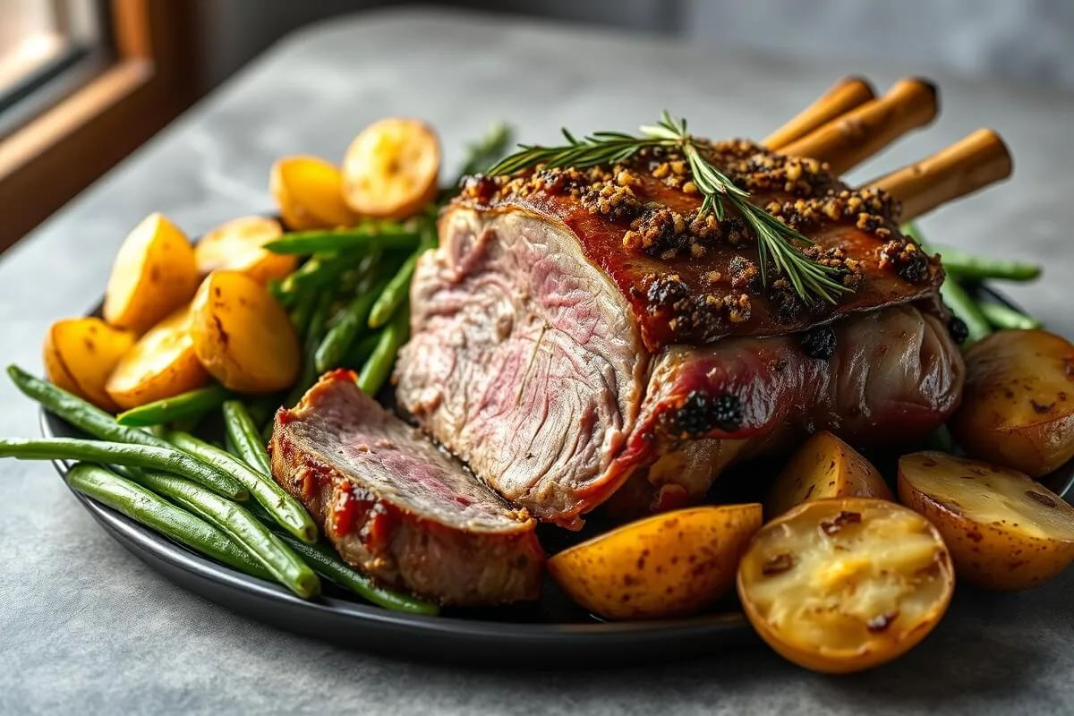 Roasted leg of lamb with potatoes and green beans on gray table