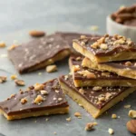 Saltine Cracker Toffee pieces with chocolate and nuts on gray surface