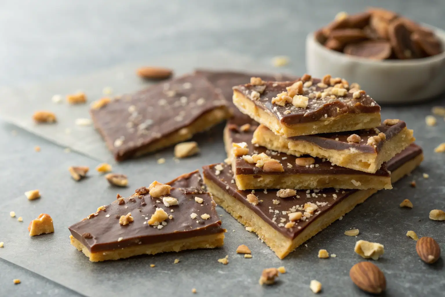 Saltine Cracker Toffee pieces with chocolate and nuts on gray surface