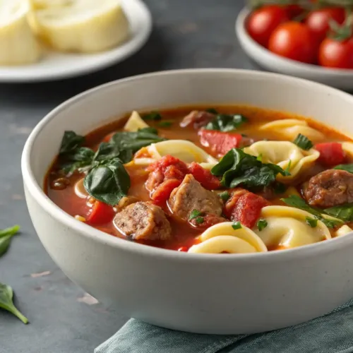 bowl of sausage tortellini soup with spinach and tomatoes