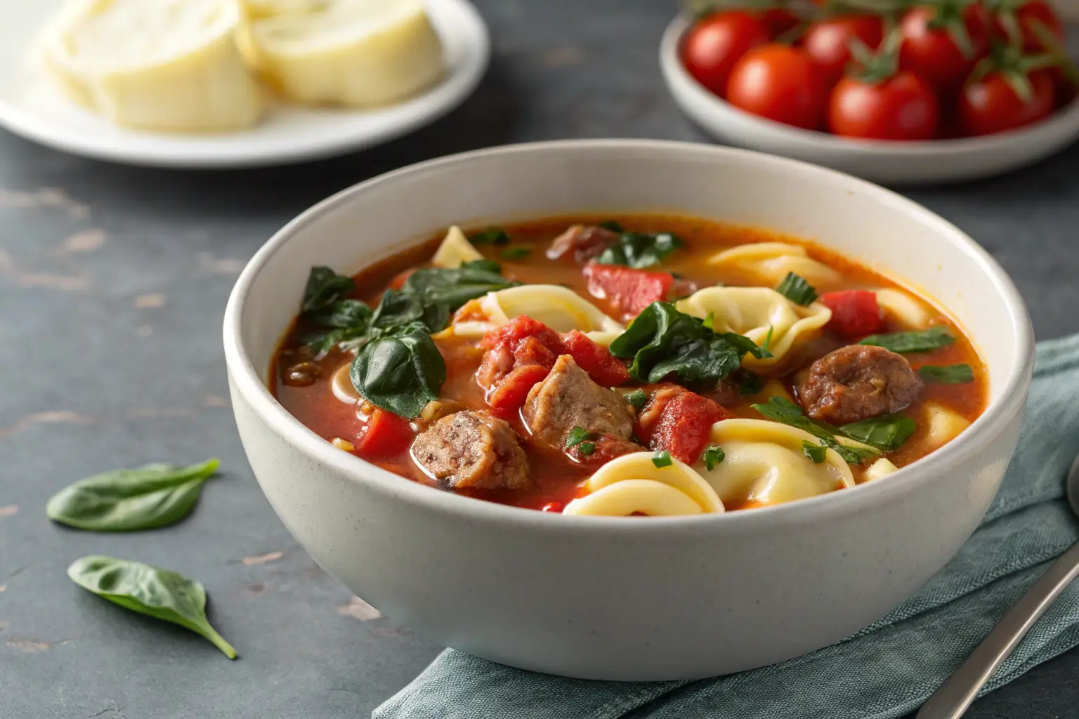 bowl of sausage tortellini soup with spinach and tomatoes