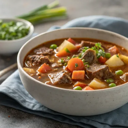 Slow cooker vegetable beef soup with beef and colorful vegetables in bowl