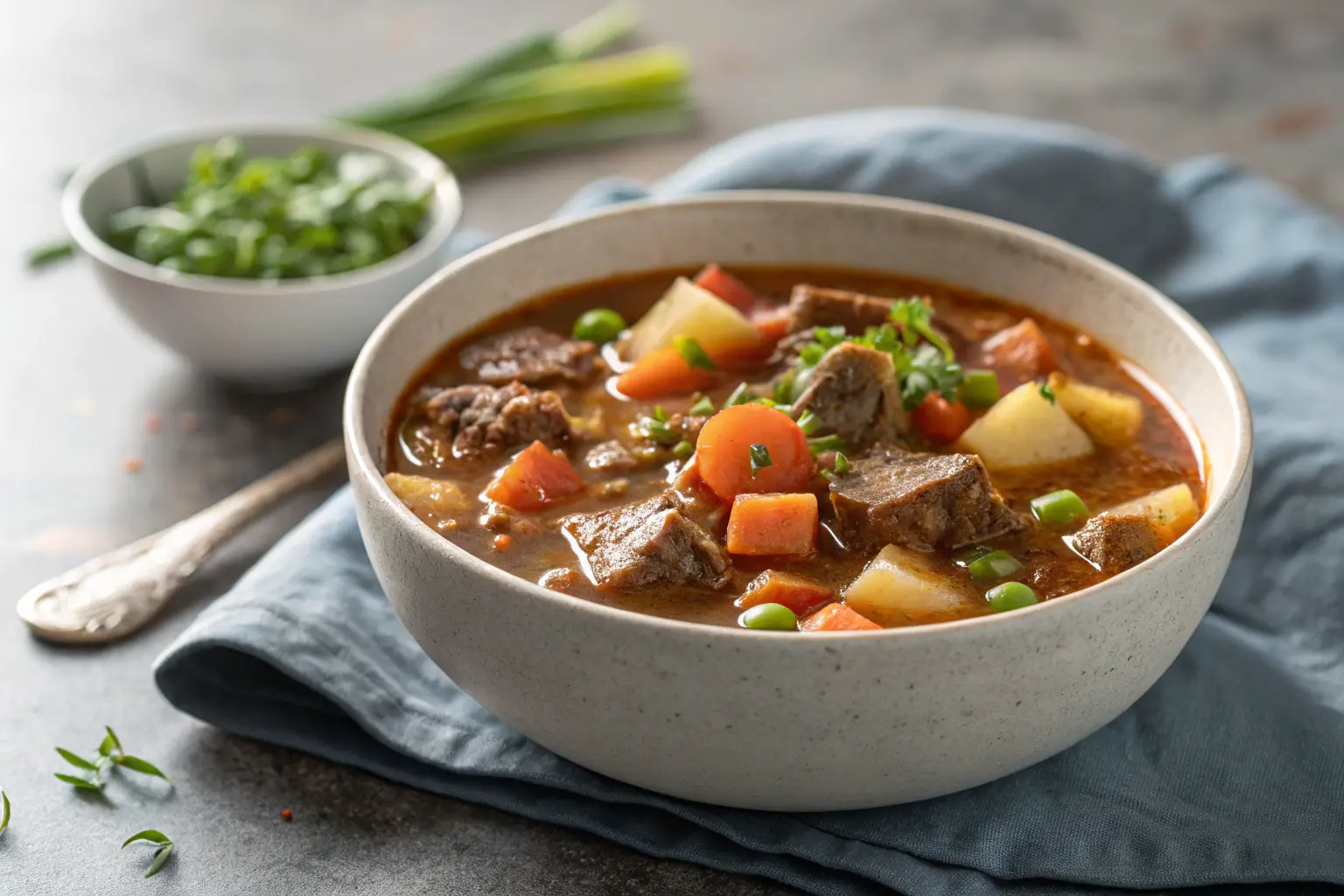 Slow cooker vegetable beef soup with beef and colorful vegetables in bowl