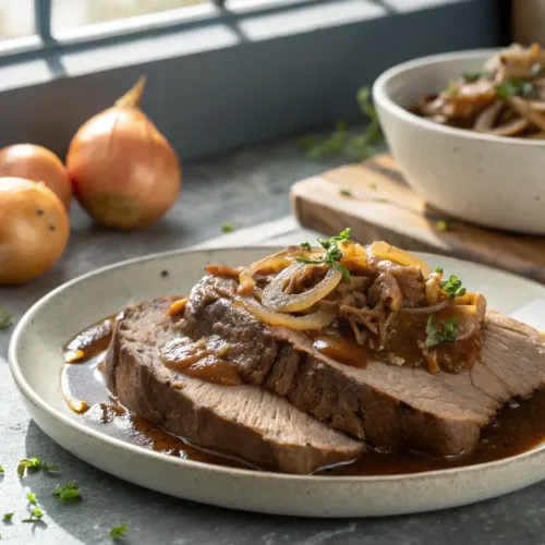 Slow cooker French onion pot roast with rich onion gravy on plate