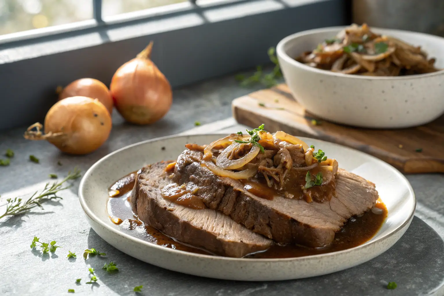 Slow cooker French onion pot roast with rich onion gravy on plate