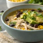 Slow cooker green enchilada chicken soup with beans and cilantro garnish