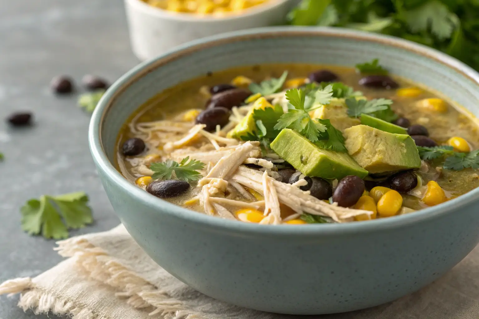 Slow cooker green enchilada chicken soup with beans and cilantro garnish