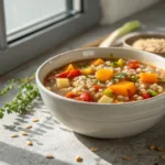 bowl of slow cooker vegetable barley soup with mixed veggies and barley