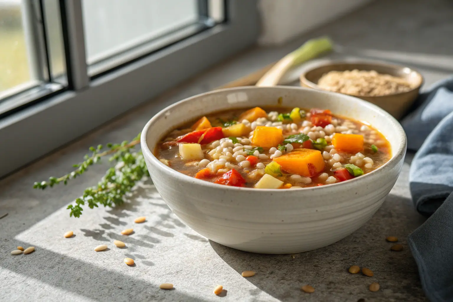 bowl of slow cooker vegetable barley soup with mixed veggies and barley