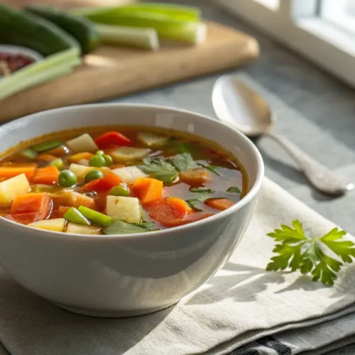 Slow cooker vegetable soup with colorful diced vegetables in broth
