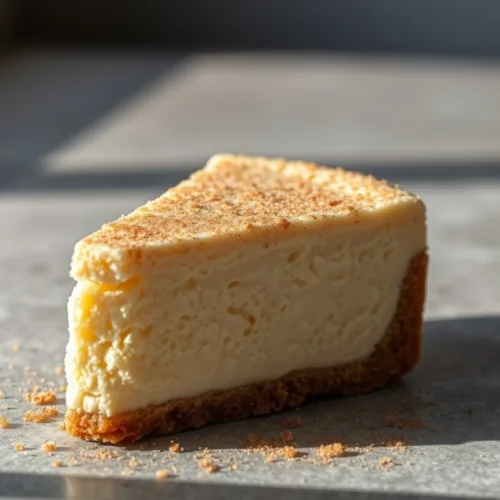 Slice of Snickerdoodle Cheesecake with cinnamon sugar topping on gray background