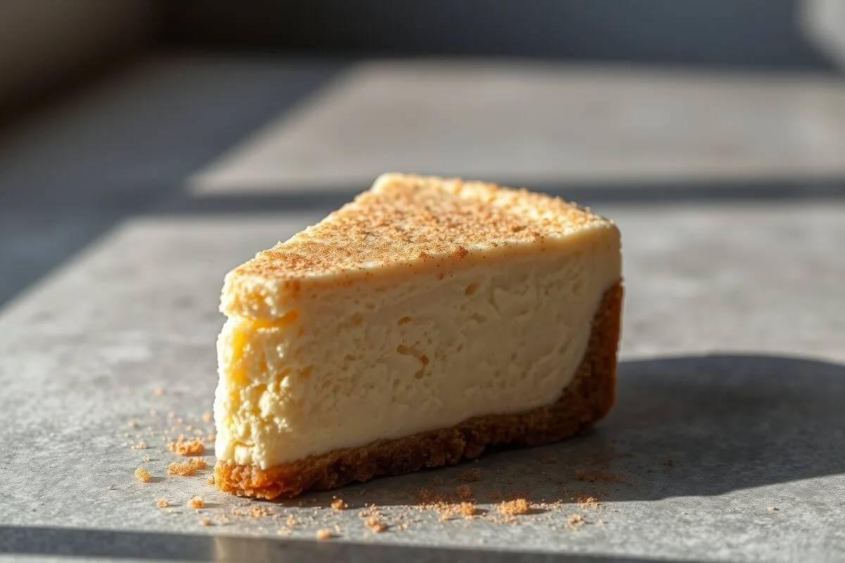 Slice of Snickerdoodle Cheesecake with cinnamon sugar topping on gray background