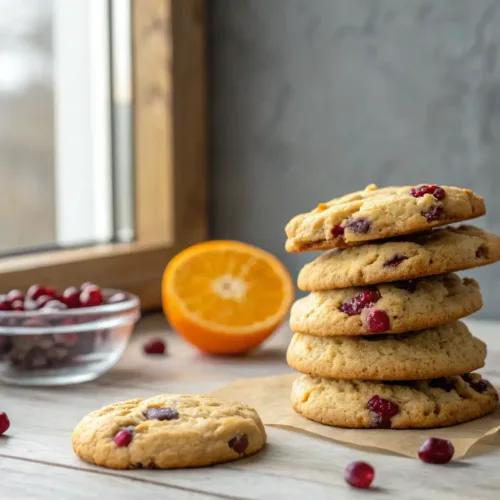 Soft cranberry orange cookies stacked on wood tabletop