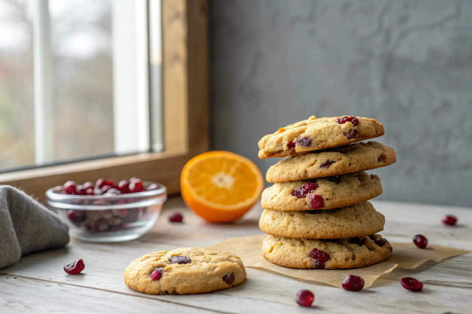 Soft cranberry orange cookies stacked on wood tabletop