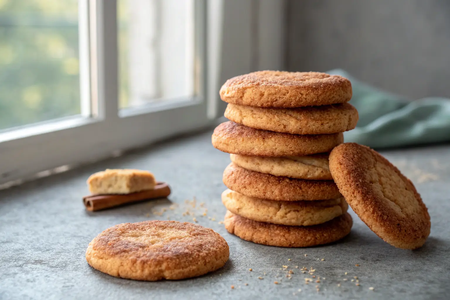 soft chewy snickerdoodle cookies with cinnamon sugar coating stacked