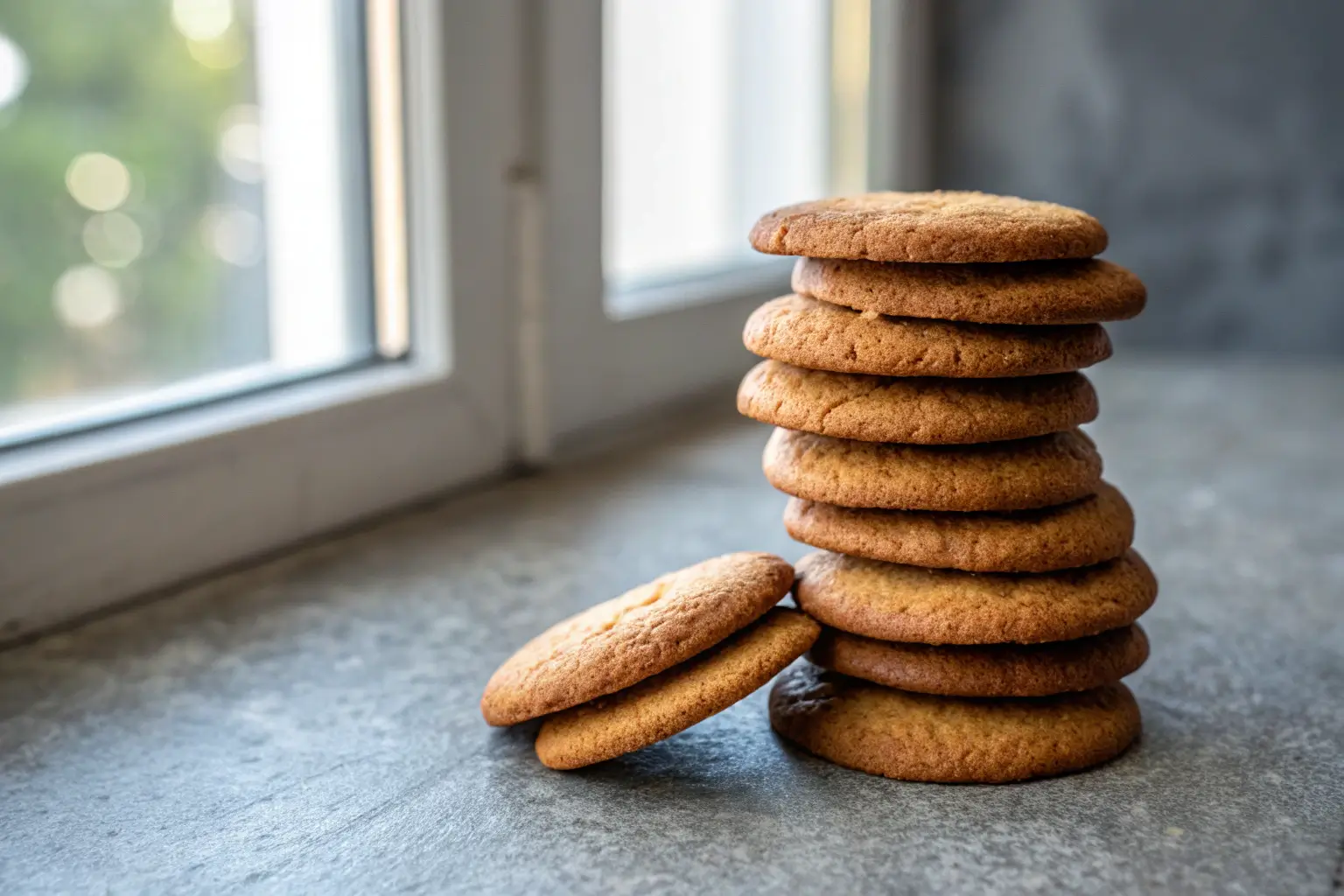 Soft gluten-free gingerbread cookies stacked on gray background