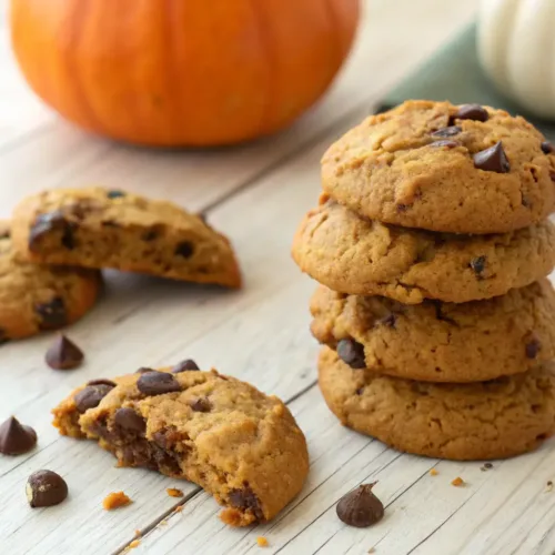Soft pumpkin chocolate chip cookies stacked on light wood surface