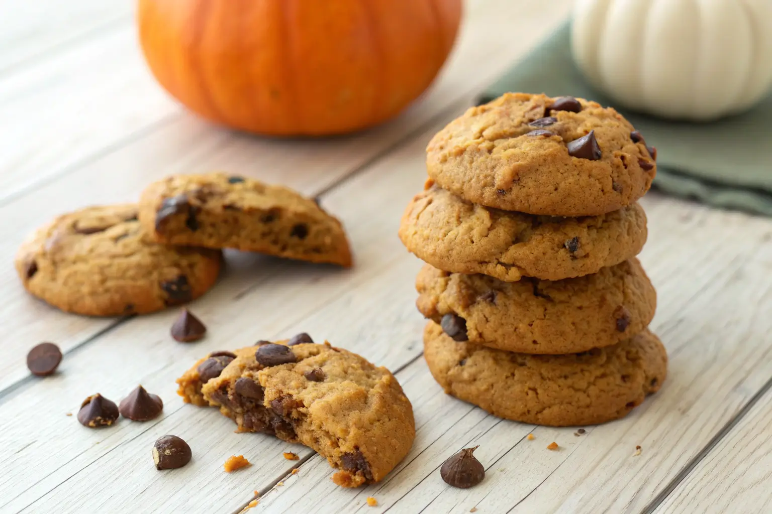 Soft pumpkin chocolate chip cookies stacked on light wood surface